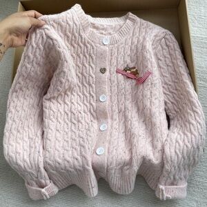 Pink Cable Knit Button Front Cardigan with Dog Pin